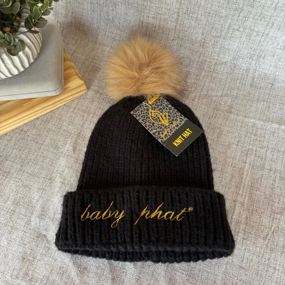 Baby Phat Knit Hat Beanie OS Black Gold Pom Pom Winter Streetwear New